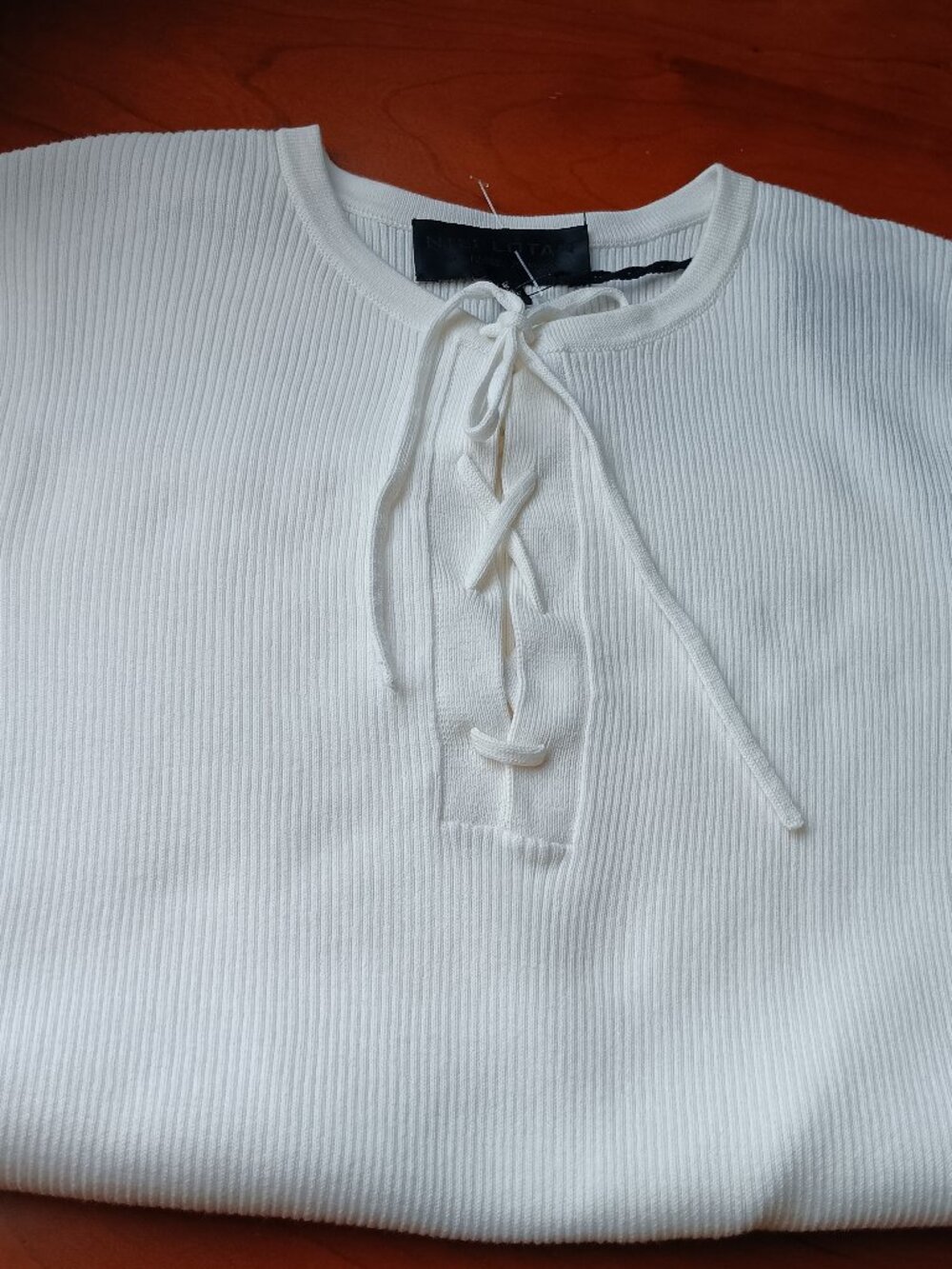 NWT Nili Lotan White Cotton Ribbed Knit Short Sleeve Lace Up Sweater Size Small